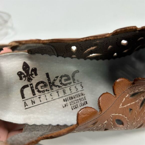 Rieker Brown Leather Slingback Sandals Size 39 (US 8) Cutout Floral Design - Picture 13 of 13